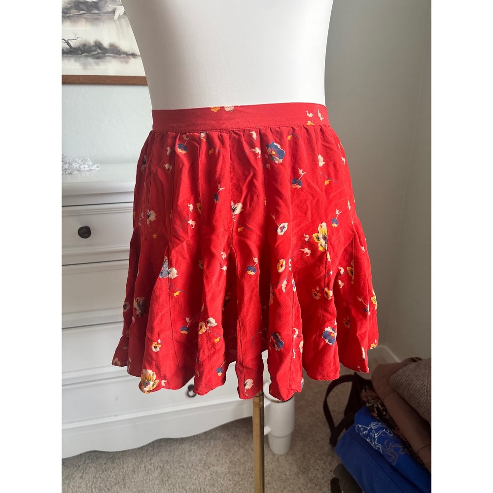 Rebecca Taylor Red Floral 100% Silk Pleated Mini Skirt Size 4
